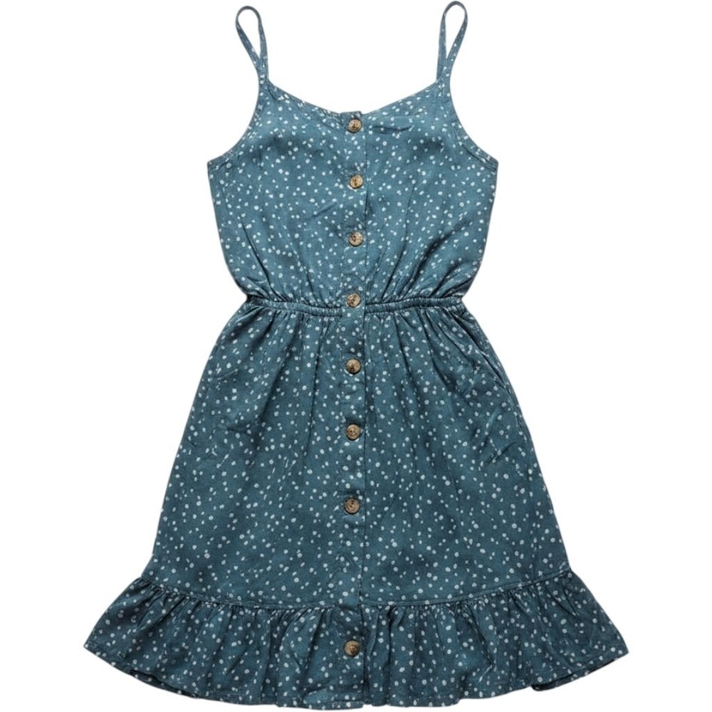 Abercrombie Kids Dress Girls 11/12 Blue Polka Dot Button Cutout Ruffle Sundress